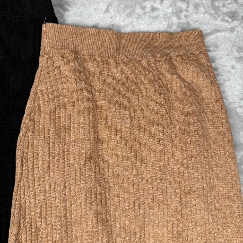 Free‎ People Ribbed Knit Midi Skirt Set Black Camel S